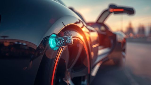 Futuristic Black Sports Car Charging with Glowing Connector