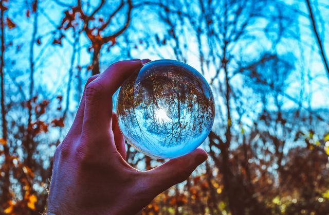 Glass sphere reflecting autumn trees while held by hand in forest. Ideal for nature, reflection, and tranquility themes. Can be used in photography, art, and meditation content.