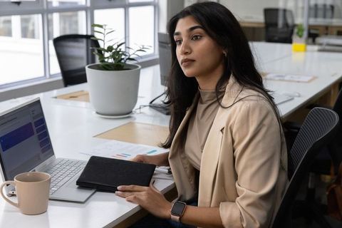 Businesswoman tapping smartwatch while animating laptop finance charts in modern office