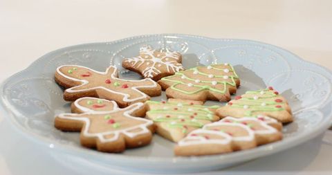 Festive Holiday Sugar Cookies on Pale Blue Plate in Bright Light