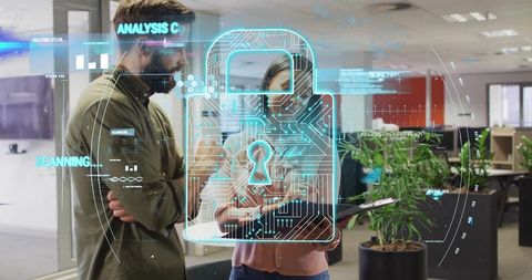 IT Professionals Brainstorming with Holographic Security Interface