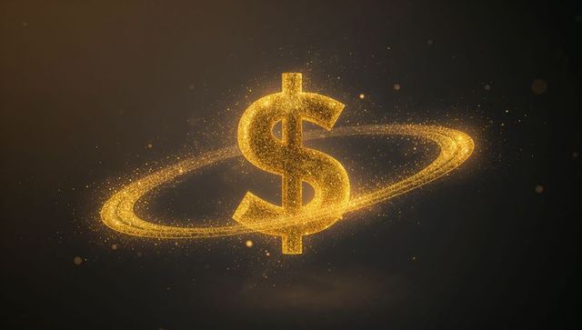 Glowing golden dollar sign emitting sparkling orbital ring of luxury
