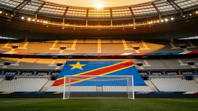 Panoramic empty stadium with dr congo flag draped over lower stands and goal at sunset