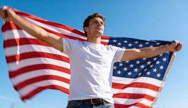 Young man holding large american flag overhead under clear blue sky celebrating freedom