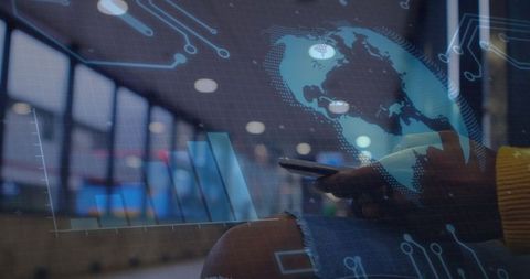 Woman using smartphone with futuristic technology overlay