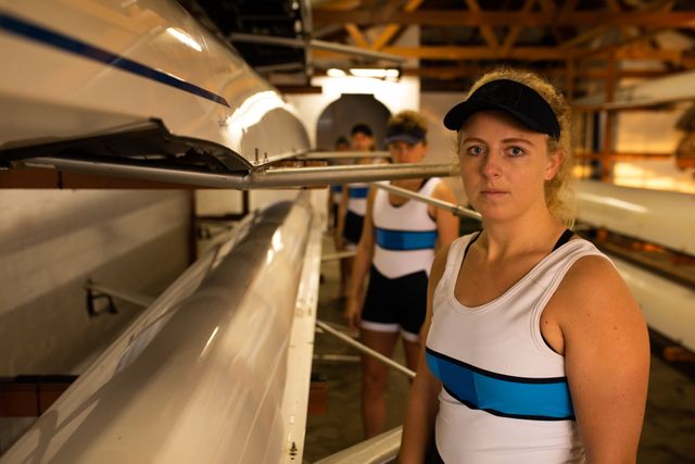 Portrait of a rowing team of four Caucasian women wearing sportswear training on the river, standing in a boat house by their boat looking at camera