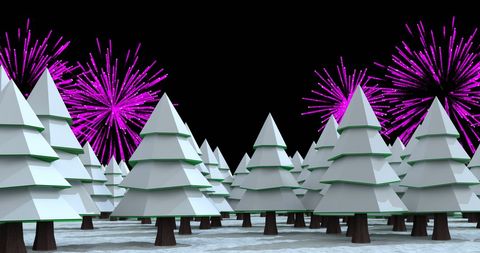 Fireworks Exploding Above Stylized White Trees at Night