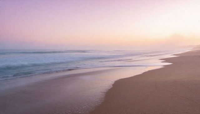 Pastel dawn beach reflecting soft light, gentle waves lapping sandy shoreline