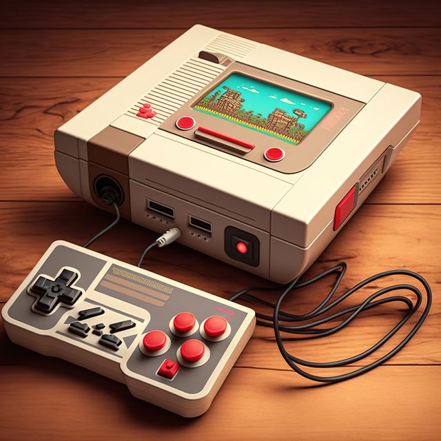 Retro gaming console and pad on wooden background, created using generative ai technology. Retro video game and home entertainment concept digitally generated image.