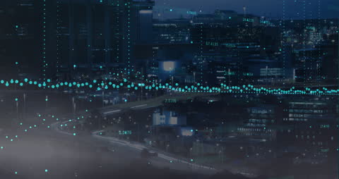 Futuristic City with Data Visualization Overlays at Night