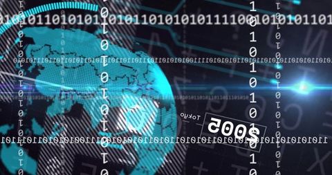 Glowing Digital Globe with Flowing Binary Streams in Futuristic Interface