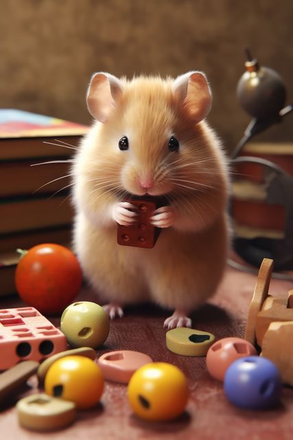 A cute hamster is seen playing with small colorful toys on a wooden table. The hamster is nibbling on a brick, showing its curious and playful nature. Surrounding it are various colorful beads and small objects, giving a sense of a cozy indoor setting. This image can be used for themes related to pet care, small animals, or general cuteness, and is ideal for blogs, social media posts, or pet-related advertisements.
