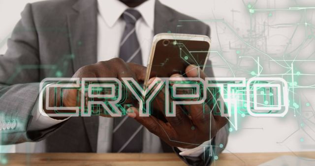 Businessman Managing Cryptocurrency on Smartphone with Blockchain Graphics - Download Free Stock Images Pikwizard.com