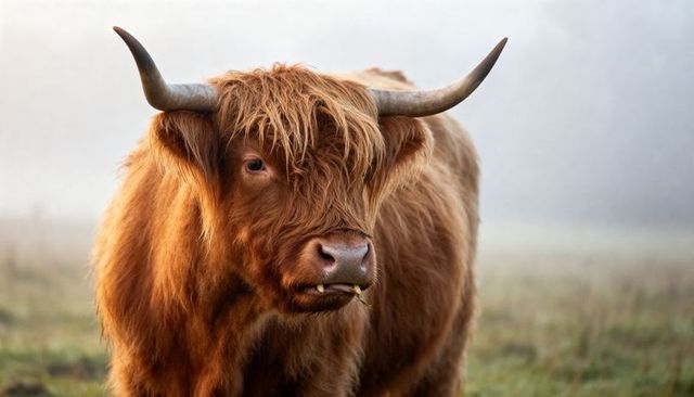 Highland cow grazing in misty meadow with shaggy red coat, curved horns and fringe at dawn