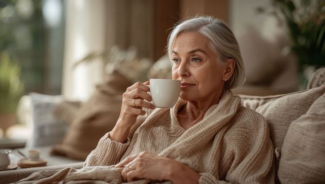 Senior woman sipping coffee on cozy sofa wearing chunky knit sweater and shawl