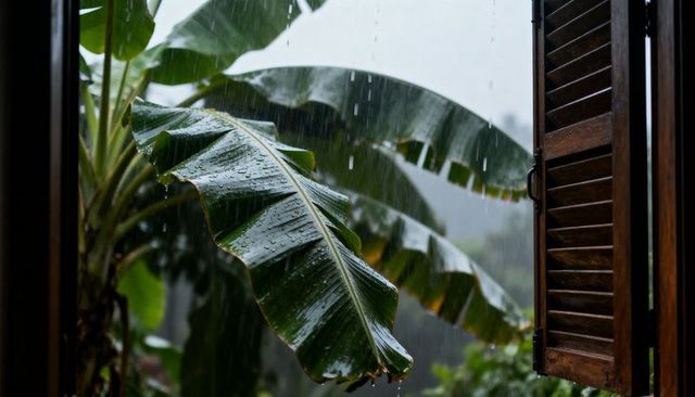 Rain-soaked banana leaf sheltering near open wooden shutter overlooking tropical garden