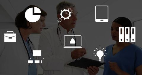 Medical Team Analyzing Digital Data with Modern Technology Icons