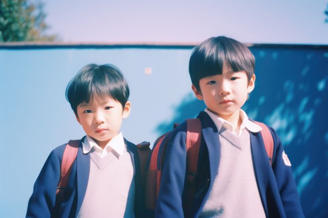 Portrait of two asian schoolboys in sunny street, created using generative ai technology. First day of school, learning and education concept digitally generated image.