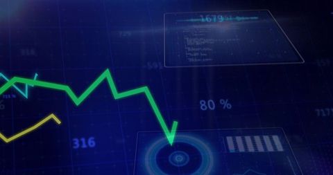 Neon green falling line graph approaching HUD target on futuristic analytics dashboard