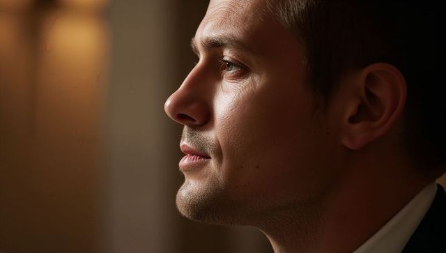 Contemplative male profile with warm lamp glow wearing blazer and white collar closeup