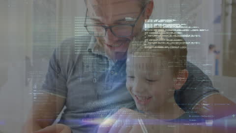 Father and Son Reading with Digital Data Overlay