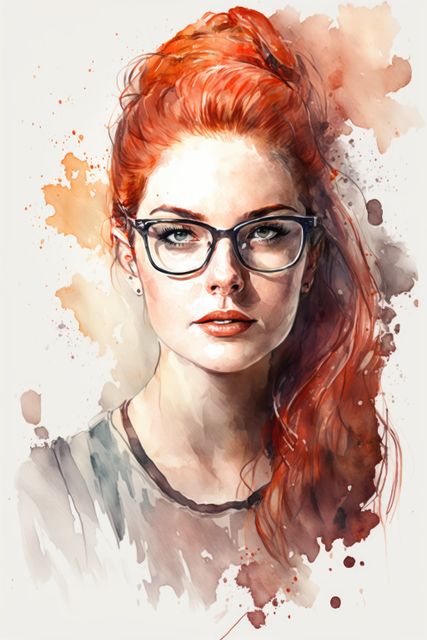 Watercolor portrait of a woman with red hair tied loosely, wearing glasses and a neutral expression. Ideal for use in art projects, exhibition posters, magazine covers, and fashion editorials. Suitable for promotions related to creative industries, modern woman portraits, and artistic expressions.