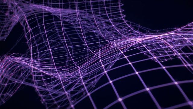 Futuristic purple wireframe mesh grid with luminous nodes