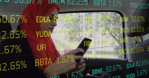 Businesswoman analyzing global stock data on smartphone