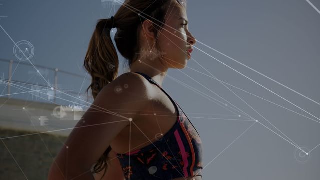 Woman in athletic wear exercising outdoors with technological interface overlays. Great for illustrating modern fitness trends, technology in sports, health tracking applications, and active lifestyle promotions.