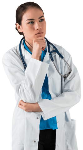 Thoughtful female doctor contemplating healthcare decisions transparent background