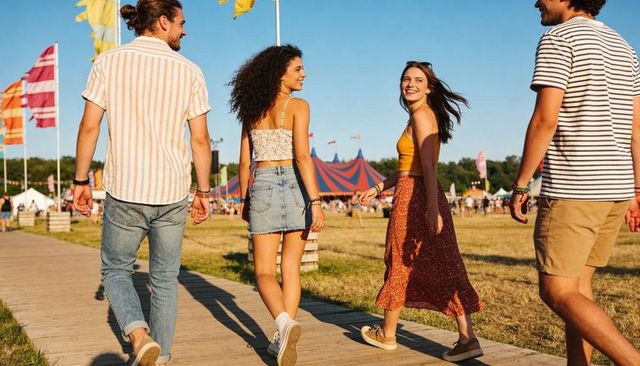 Friends walking and laughing along festival boardwalk, enjoying sunny summer fairground vibes