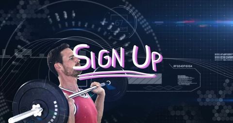 Futuristic fitness hud lifter lifting barbell at shoulder with neon sign up overlay