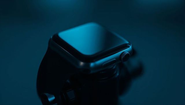 Showing sleek smartwatch metal case with digital crown and side button in teal lighting