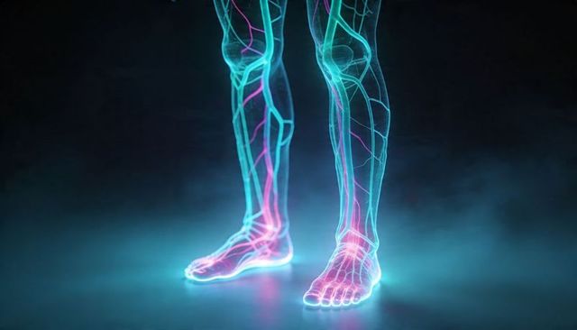 Holographic Lower Leg Anatomy Showing Vascular and Neural Networks in Neon Glow