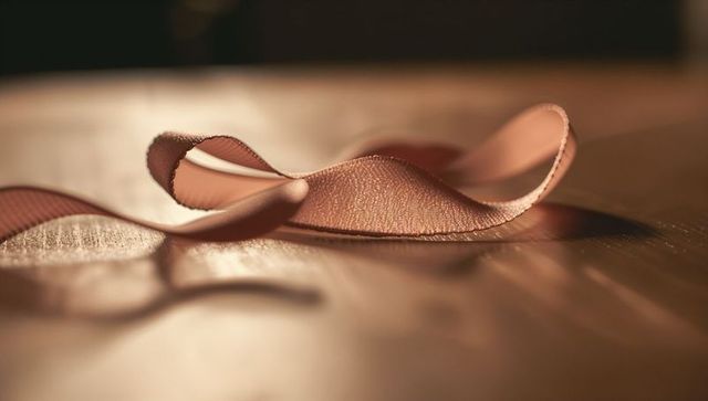 Soft pale pink satin ribbon curling on warm wooden surface with golden bokeh light