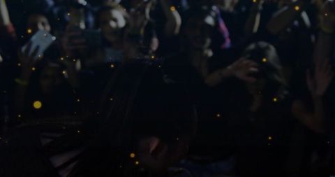 Silhouette musician leaning into phone-lit crowd with warm lens flares and bokeh