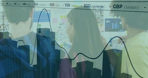 Team Analyzes Data on Digital Wall Overlay with Currency Exchange Trends