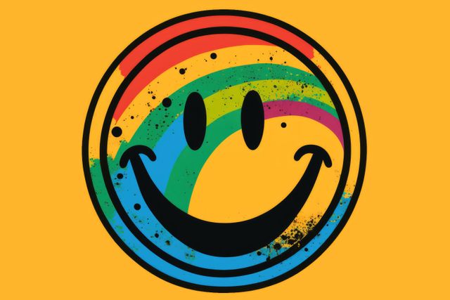 Retro multi coloured smiley icon on yellow background, created using generative ai technology. Social media and communication concept digitally generated image.