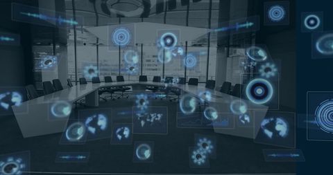 Futuristic Digital Interface in Modern Boardroom