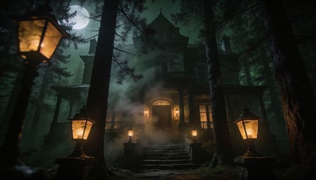 Moonlit victorian manor looming through foggy forest with glowing lanterns and gothic glow