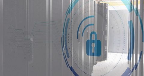 Data Center Security HUD Showing Blue Padlock Overlay Over Open Server Cabinets and Aisle