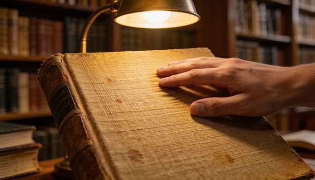 Hand Resting on Large Vintage Cloth-Bound Tome Under Warm Brass Lamp in Library Study