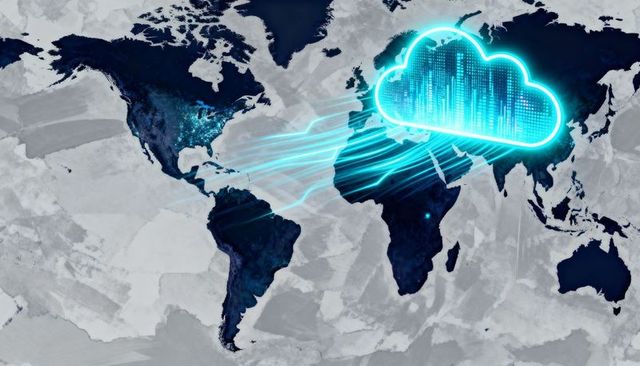 Neon cloud streaming data across world map showing global digital connectivity and network