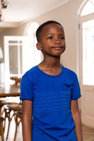 Young african american boy standing in sunlit dining room wearing royal blue t-shirt
