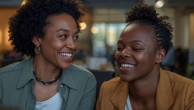 Two black women laughing and sharing ideas in cozy coworking space with warm bokeh