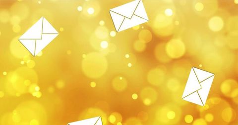 Golden bokeh backdrop with floating envelope icons for email, invitation, holiday marketing