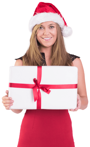 Transparent Holiday Woman In Santa Hat Holding Gift Box Smiling