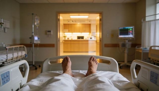 Patient resting in hospital bed with iv drip and cardiac monitor, quiet ward corridor