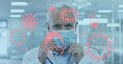 Scientist Wearing Mask with Digitally Generated Covid-19 Icons