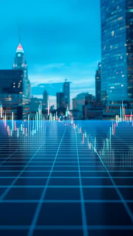 Vertical City Data Grid Scanning Line Graph Over Waterfront Skyline at Dusk